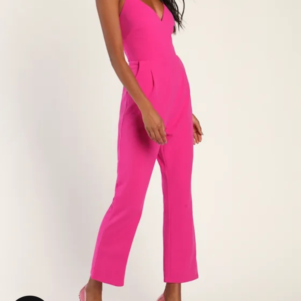 Lulus Signature Cutie Hot Pink V-neck Sleeveless Jumpsuit - Size L - Picture 3 of 4